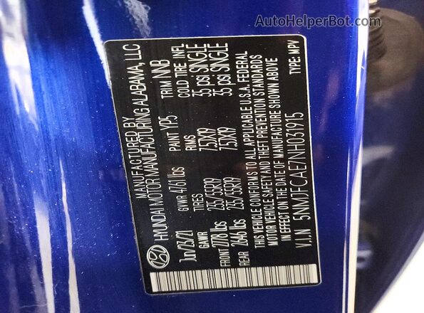 5NMJFCAE7NH031915 2022 HYUNDAI TUCSON Синий Вид наклейки с VIN-кодом