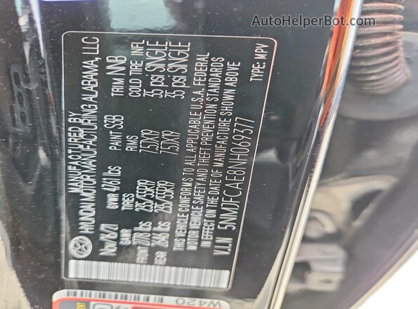 5NMJFCAE8NH069377 2022 HYUNDAI TUCSON Black Vista de la etiqueta del VIN