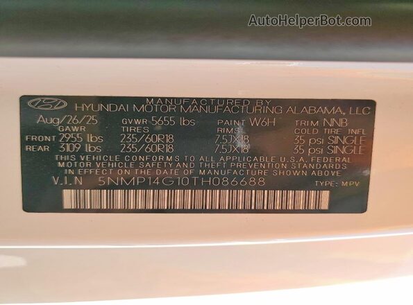 5NMP14G10TH086688 2026 HYUNDAI SANTA White Widok naklejki z numerem VIN