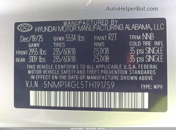 5NMP14GL5TH191759 2026 HYUNDAI SANTA FE Gray ძრავის განყოფილების ხედი
