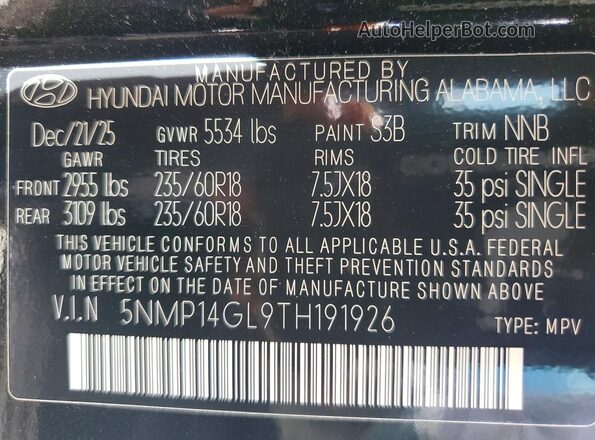 5NMP14GL9TH191926 2026 HYUNDAI SANTA Black სალონის 360-გრადუსიანი ხედი