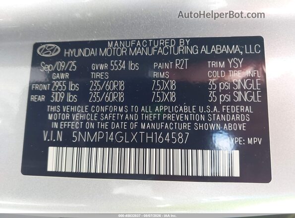 5NMP14GLXTH164587 2026 HYUNDAI SANTA FE Silver ძრავის განყოფილების ხედი