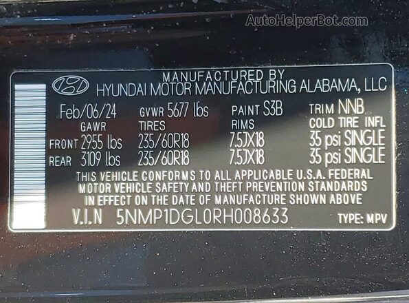 5NMP1DGL0RH008633 2024 HYUNDAI SANTA Black VIN კოდის სტიკერის ხედი