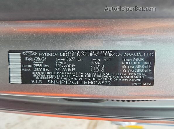 5NMP1DGL4RH018372 2024 HYUNDAI SANTA Silver VIN կոդի պիտակի տեսք