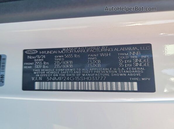 5NMP24G15SH031777 2025 HYUNDAI SANTA White VIN კოდის სტიკერის ხედი