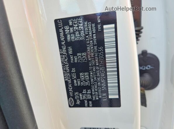 5NMP24G15TH130536 2026 HYUNDAI SANTA White VIN կոդի պիտակի տեսք