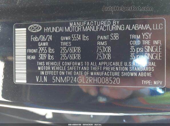 5NMP24GL2RH008520 2024 HYUNDAI SANTA FE Black Շարժիչի բաժամունքի տեսք