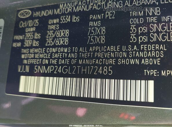 5NMP24GL2TH172485 2026 HYUNDAI SANTA FE Gray Շարժիչի բաժամունքի տեսք