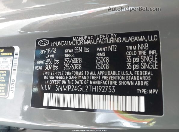 5NMP24GL2TH192753 2026 HYUNDAI SANTA FE Серый Вид подкапотного пространства