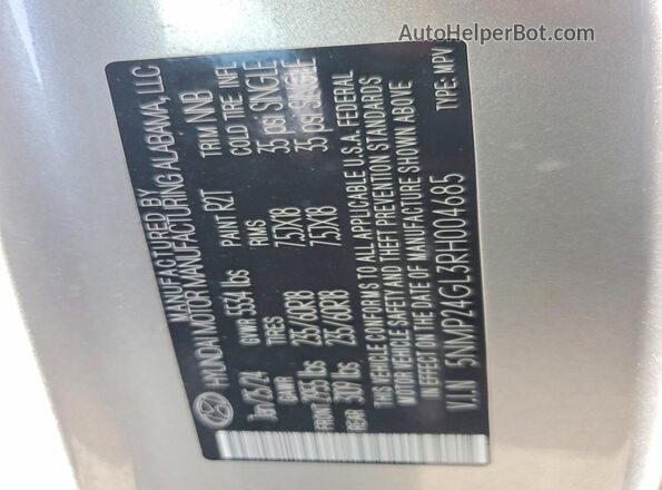 5NMP24GL3RH004685 2024 HYUNDAI SANTA Серебряный Вид наклейки с VIN-кодом