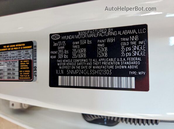 5NMP24GL3SH121303 2025 HYUNDAI SANTA White Vista interior de 360 grados
