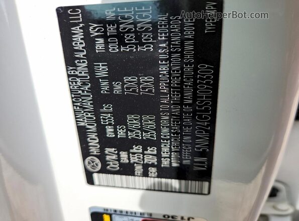 5NMP24GL5SH093309 2025 HYUNDAI SANTA White VIN კოდის სტიკერის ხედი