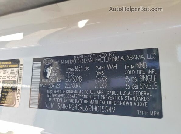 5NMP24GL6RH015549 2024 HYUNDAI SANTA White VIN sticker view