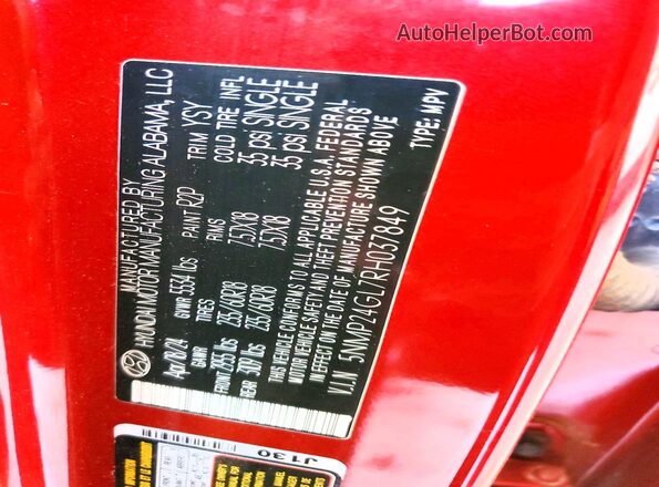 5NMP24GL7RH037849 2024 HYUNDAI SANTA Red Vista interior de 360 grados