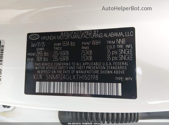 5NMP24GLXTH150198 2026 HYUNDAI SANTA FE White Vista del compartimento del motor