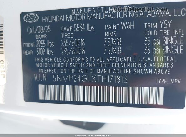 5NMP24GLXTH171813 2026 HYUNDAI SANTA FE White ძრავის განყოფილების ხედი