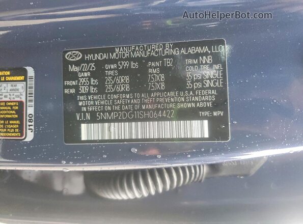 5NMP2DG11SH064422 2025 HYUNDAI SANTA Blue VIN կոդի պիտակի տեսք