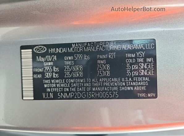 5NMP2DG13RH005575 2024 HYUNDAI SANTA Silver VIN კოდის სტიკერის ხედი