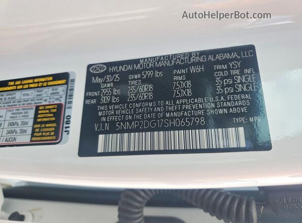 5NMP2DG17SH065798 2025 HYUNDAI SANTA White Вид наклейки з VIN-кодом