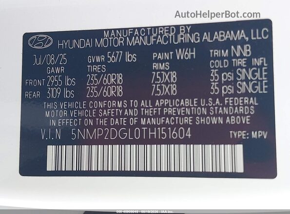 5NMP2DGL0TH151604 2026 HYUNDAI SANTA FE White Widok komory silnika