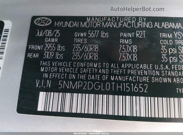 5NMP2DGL0TH151652 2026 HYUNDAI SANTA FE Silver Շարժիչի բաժամունքի տեսք