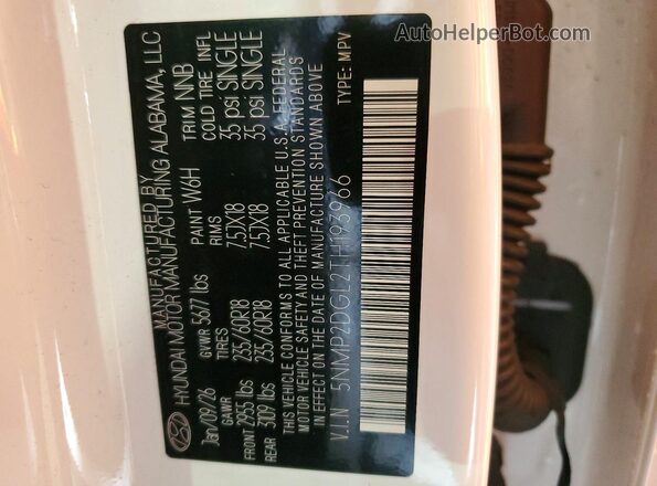 5NMP2DGL2TH193966 2026 HYUNDAI SANTA White VIN sticker view