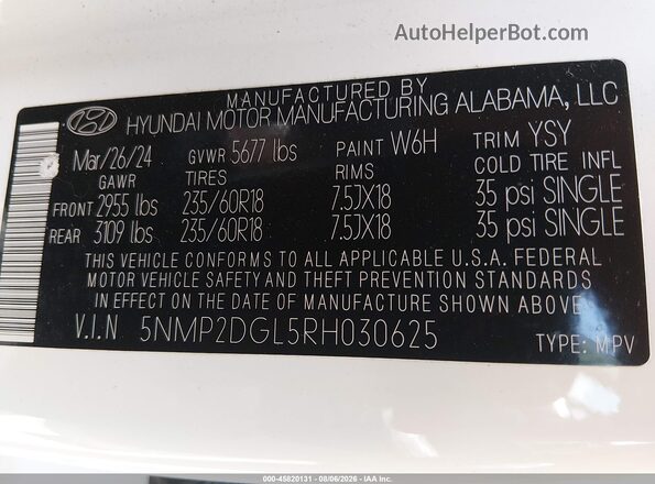 5NMP2DGL5RH030625 2024 HYUNDAI SANTA FE White Widok komory silnika