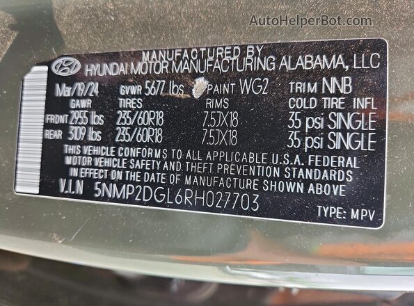 5NMP2DGL6RH027703 2024 HYUNDAI SANTA Green Widok naklejki z numerem VIN