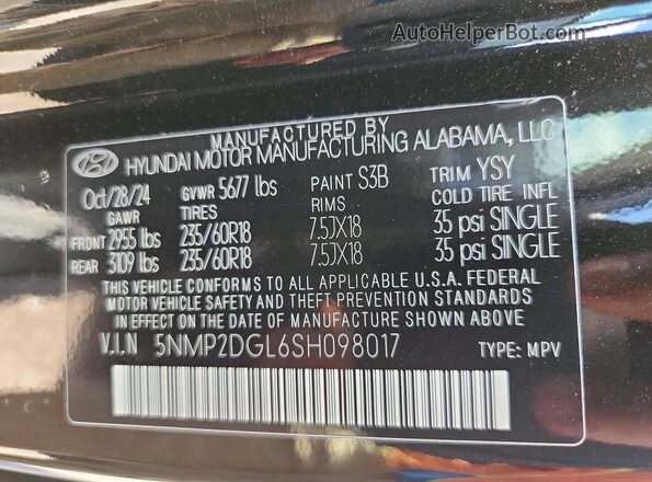 5NMP2DGL6SH098017 2025 HYUNDAI SANTA Black VIN sticker view