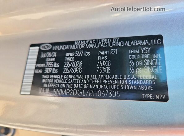 5NMP2DGL7RH067305 2024 HYUNDAI SANTA Silver Widok naklejki z numerem VIN