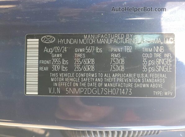 5NMP2DGL7SH071473 2025 HYUNDAI SANTA Blue VIN კოდის სტიკერის ხედი