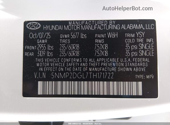 5NMP2DGL7TH171722 2026 HYUNDAI SANTA FE White Vista del compartimento del motor
