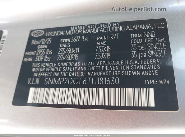 5NMP2DGL8TH181630 2026 HYUNDAI SANTA FE Silver Vista del compartimento del motor