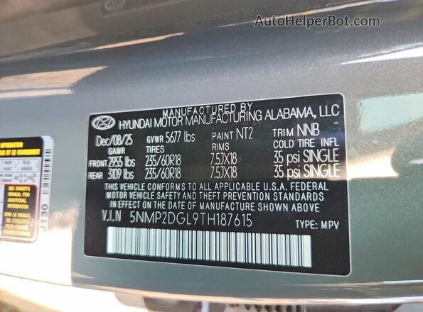 5NMP2DGL9TH187615 2026 HYUNDAI SANTA Серый Вид наклейки с VIN-кодом