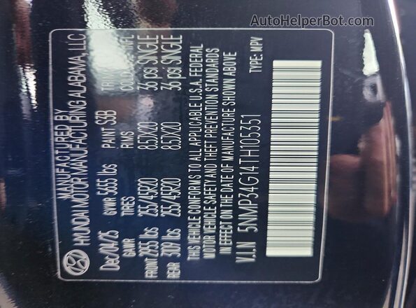5NMP34G14TH105351 2026 HYUNDAI SANTA Black VIN sticker view