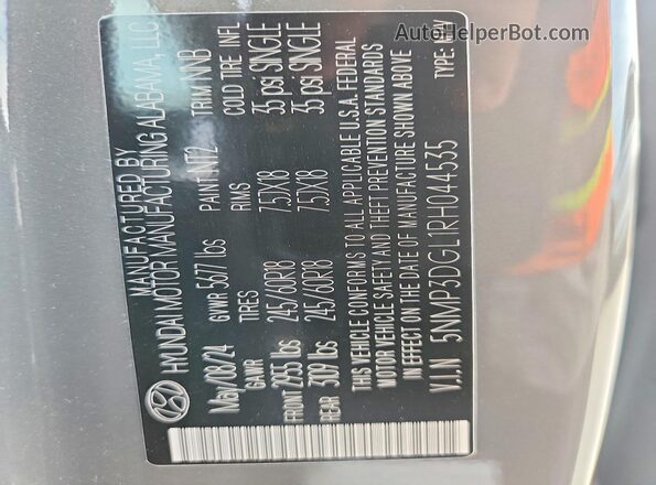 5NMP3DGL1RH044535 2024 HYUNDAI SANTA Gray Widok naklejki z numerem VIN