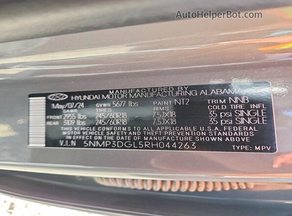 5NMP3DGL5RH044263 2024 HYUNDAI SANTA Gray Вид наклейки з VIN-кодом