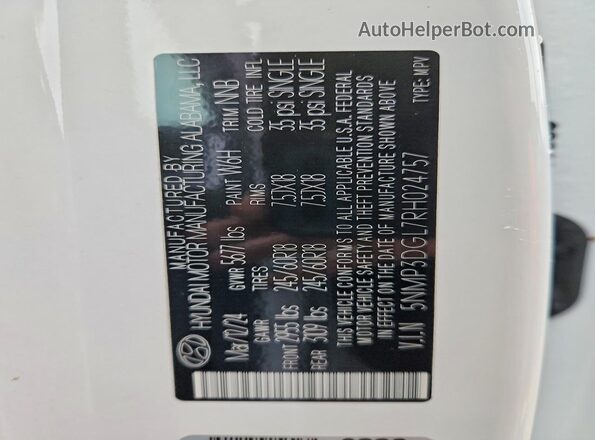 5NMP3DGL7RH024757 2024 HYUNDAI SANTA White VIN sticker view