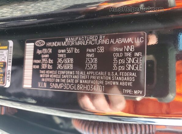5NMP3DGL8RH034701 2024 HYUNDAI SANTA Black Панорамний вид салону 360°