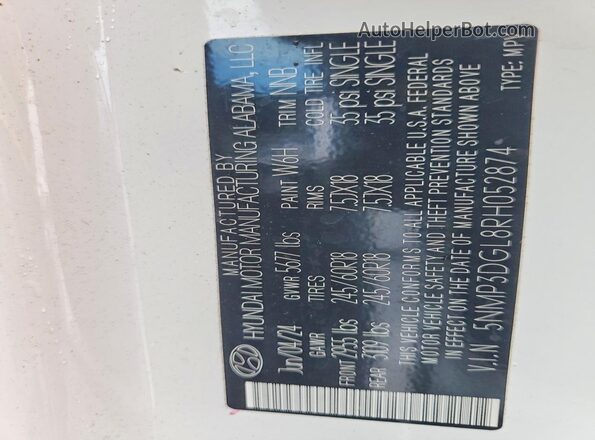 5NMP3DGL8RH052874 2024 HYUNDAI SANTA White Vista de la etiqueta del VIN