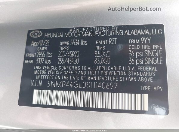 5NMP44GL0SH140692 2025 HYUNDAI SANTA FE Gray Engine compartment view