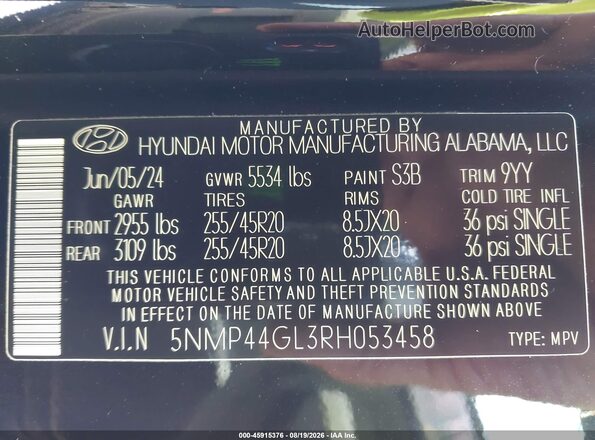 5NMP44GL3RH053458 2024 HYUNDAI SANTA FE Black Widok komory silnika