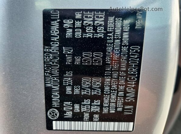 5NMP44GL8RH024750 2024 HYUNDAI SANTA Silver Widok naklejki z numerem VIN