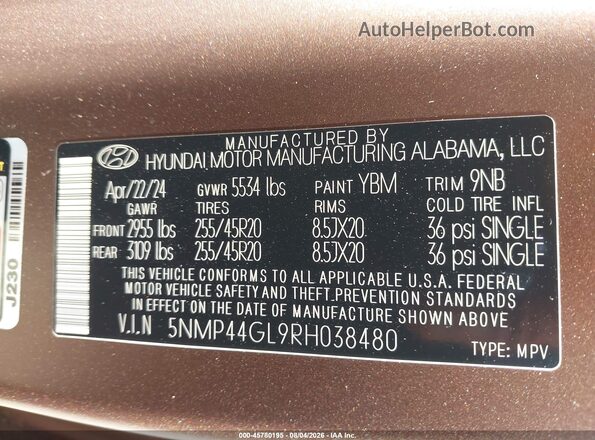 5NMP44GL9RH038480 2024 HYUNDAI SANTA FE Brown Widok komory silnika