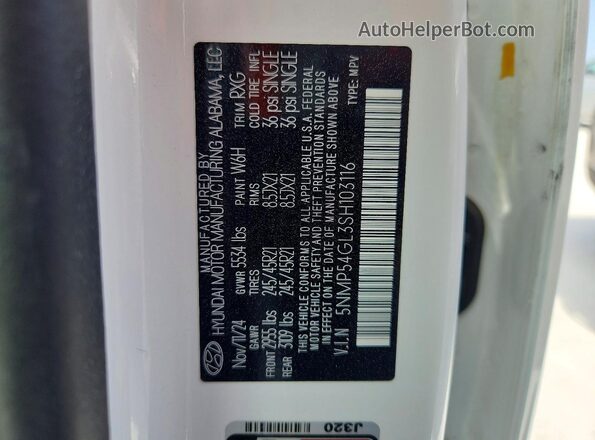 5NMP54GL3SH103116 2025 HYUNDAI SANTA White VIN კოდის სტიკერის ხედი