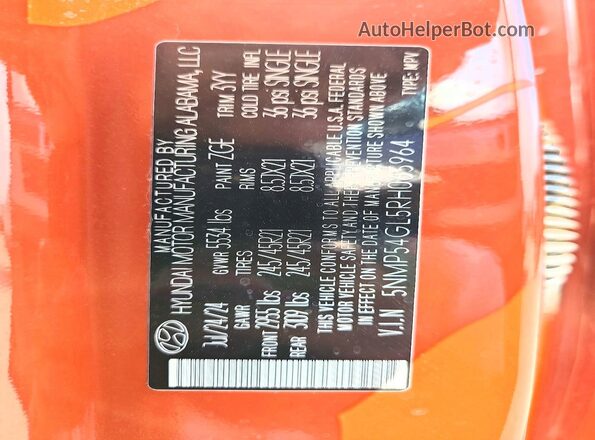 5NMP54GL5RH065964 2024 HYUNDAI SANTA Orange VIN sticker view