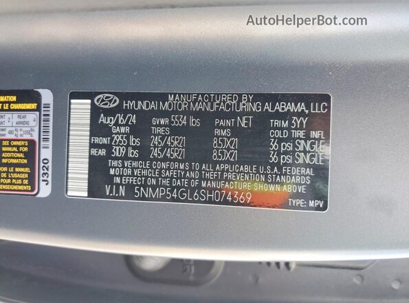 5NMP54GL6SH074369 2025 HYUNDAI SANTA Gray VIN կոդի պիտակի տեսք