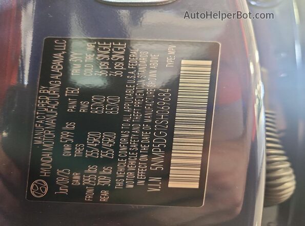 5NMP5DG12SH069684 2025 HYUNDAI SANTA Синий Вид наклейки с VIN-кодом