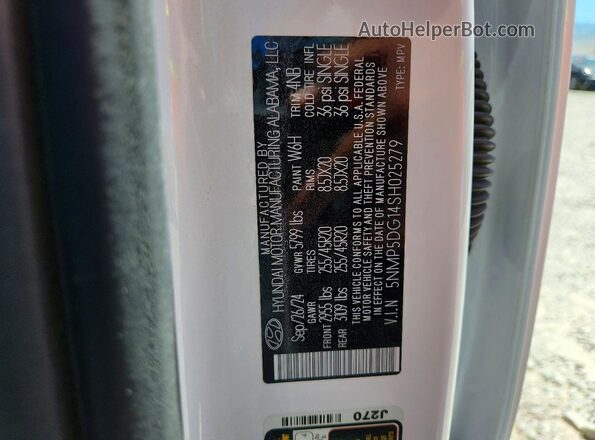 5NMP5DG14SH025279 2025 HYUNDAI SANTA White VIN sticker view