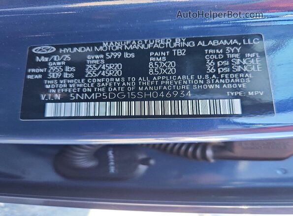 5NMP5DG15SH046934 2025 HYUNDAI SANTA Blue Vista interior de 360 grados